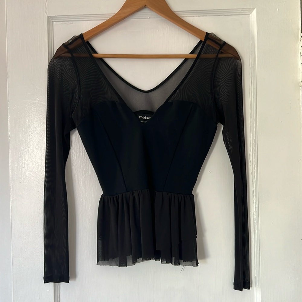 Bebe amazing quality stretchy mesh peplum long sleeve black top